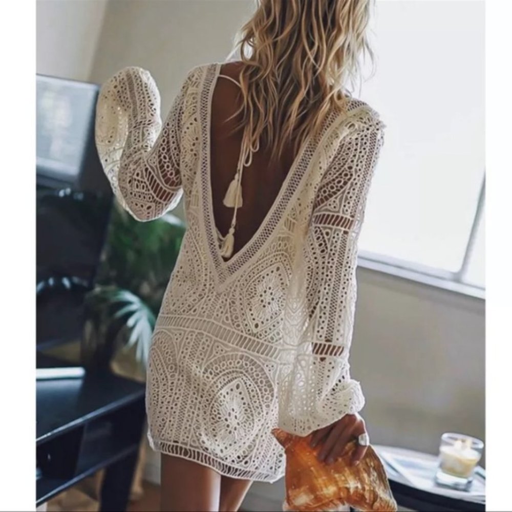 New White Crochet Lace Beach Wedding Party Dress